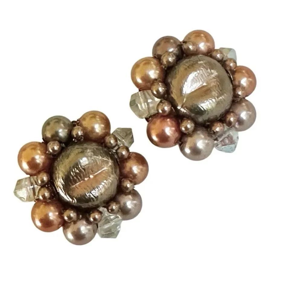 Beaded vintage cluster clip on earrings